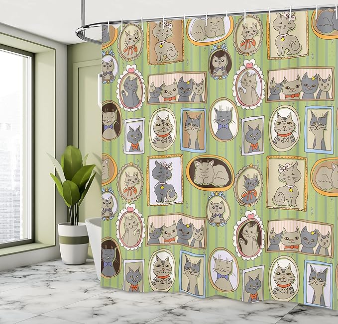 Ambesonne Cat Lover Shower Curtain, Framed Pictures of Cats on The Wall Memories Moments, Cloth Fabric Bathroom Decor Set with Hooks, 69" W x 70" L, Green Amber