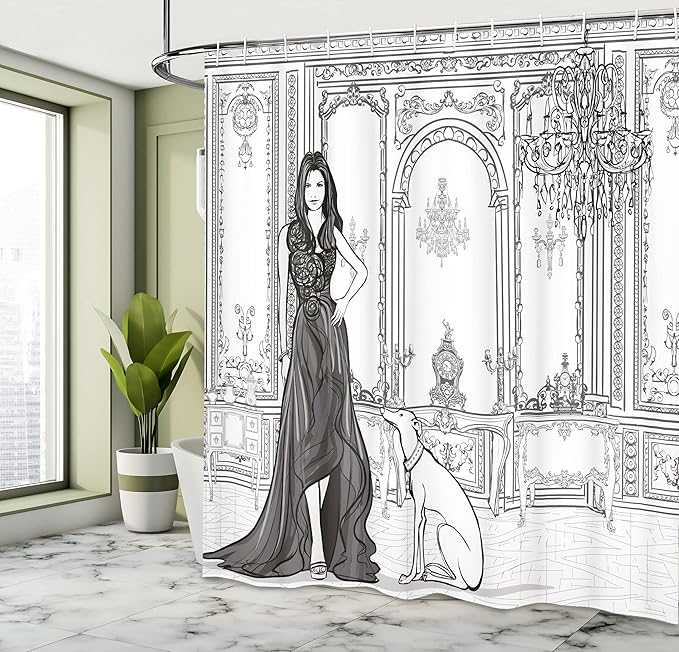 Ambesonne Teen Room Shower Curtain, Fashion Woman in Victorian Palace Dog Baroque Illustration Print, Cloth Fabric Bathroom Decor Set with Hooks, 69" W x 75" L, Dark Grey and White