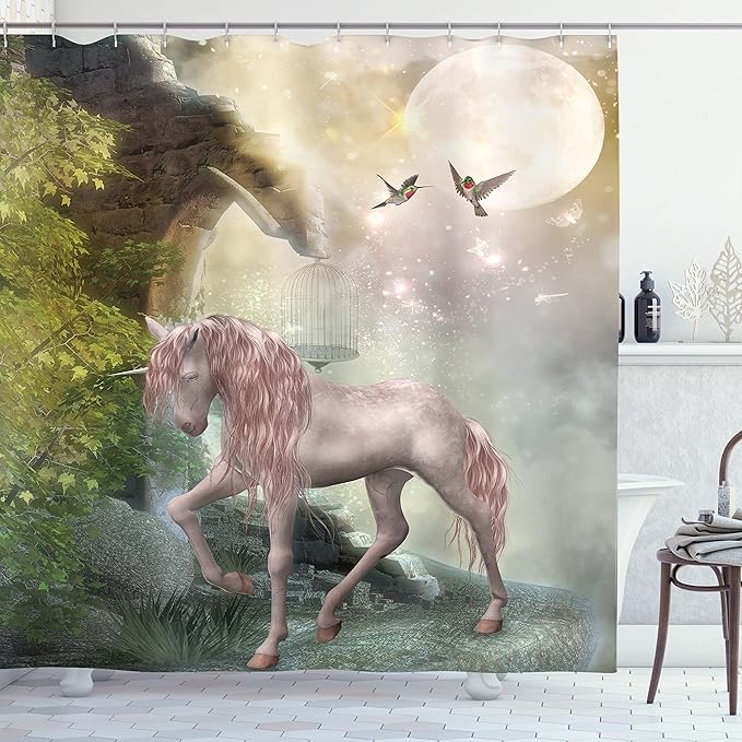 Ambesonne Hummingbirds Shower Curtain, Unicorn Green Spring Leaves Birds Twinkling Star Moon Mystic Fantasy, Cloth Fabric Bathroom Decor Set with Hooks, 69" W x 70" L, Dark Eggshell Fern Green