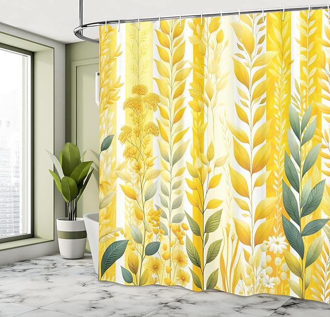 Ambesonne Yellow Shower Curtain, Abstract Botanic Vertical Bicolor Leaves Creeper Print with Summer Colors, Cloth Fabric Bathroom Decor Set with Hooks, 69" W x 84" L, Reseda Green Mustard
