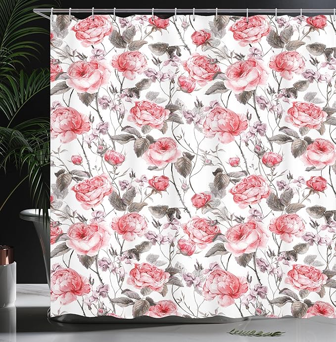 Ambesonne Rose Shower Curtain, Classic Vintage Floral Pattern Watercolor Style Bouquet of English Roses Wildflowers, Cloth Fabric Bathroom Decor Set with Hooks, 69" W x 75" L, Coral Taupe