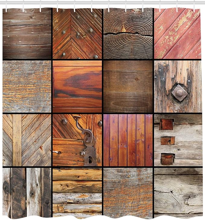Ambesonne Antique Shower Curtain, Assortment of Different Wooden Architecture Elements Timber Door Key Print, Cloth Fabric Bathroom Decor Set with Hooks, 69" W x 70" L, Chocolate Brown