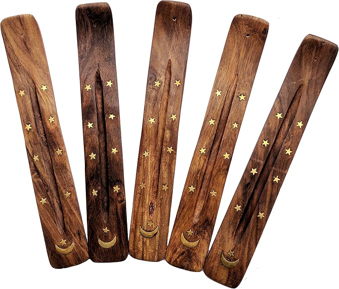 5 Pack Moon and Stars Brass Inlay Incense Hardwood Stick Holders, Ash-Catchers.