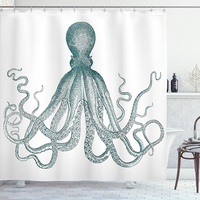 Ambesonne Nautical Shower Curtain, Vintage Engraved Illustration of an Octopus Sea Creature Monochrome Art, Cloth Fabric Bathroom Decor Set with Hooks, 69" W x 70" L, Pale Seafoam