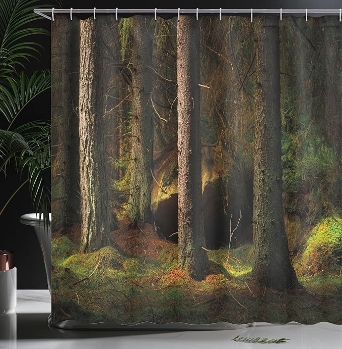 Ambesonne Magic Shower Curtain, Deep Dark in The Enchanted Forest with Trees in Evening Mystical Theme, Cloth Fabric Bathroom Decor Set with Hooks, 69" W x 70" L, Forest Green