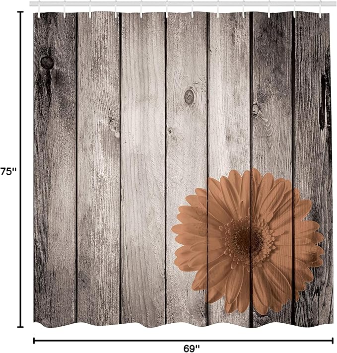 Ambesonne Rustic Shower Curtain, Flower Red Dahlia on Foreground of Murky Featured Dated Wooden Board Retro Art Print, Cloth Fabric Bathroom Decor Set with Hooks, 69" W x 75" L, Almond