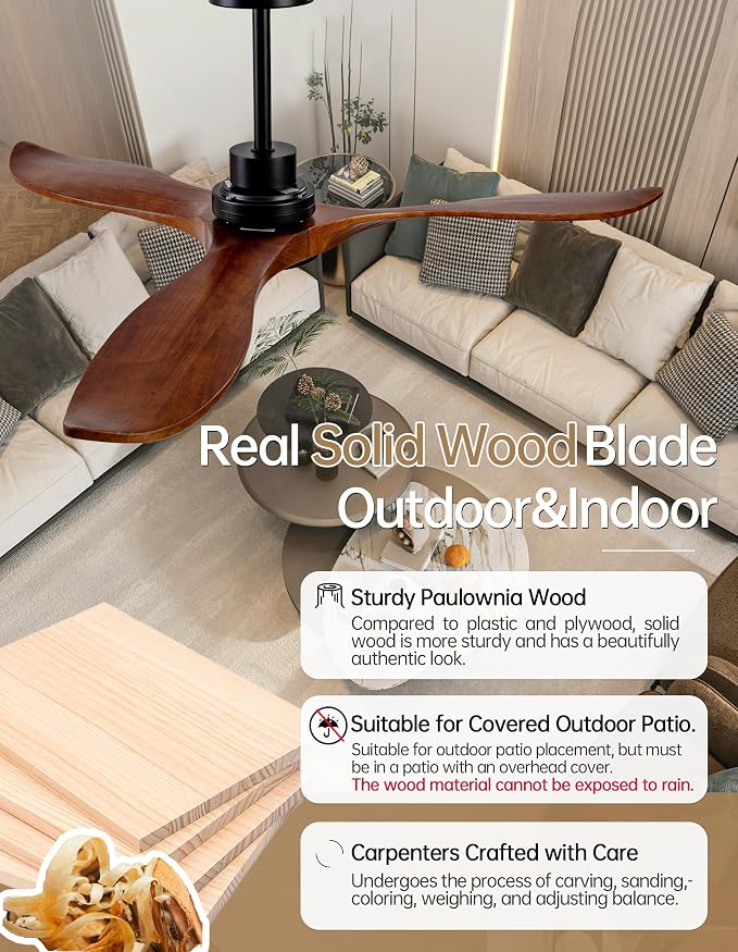 52 Inch Solid Wood Ceiling Fans with Lights and Remote, 3 Blade Walnut Outdoor Ceiling Fans with Wall Control, Dimmable, 6 Speeds, Quiet DC Motor for Bedroom/Patios/Farmhouse/Living Room