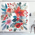 Ambesonne Christmas Shower Curtain, Vintage Xmas Wreth Ornate Arrange with Poinsettia Flowers and Berries, Cloth Fabric Bathroom Decor Set with Hooks, 69" W x 84" L, Dark Coral Petrol Blue