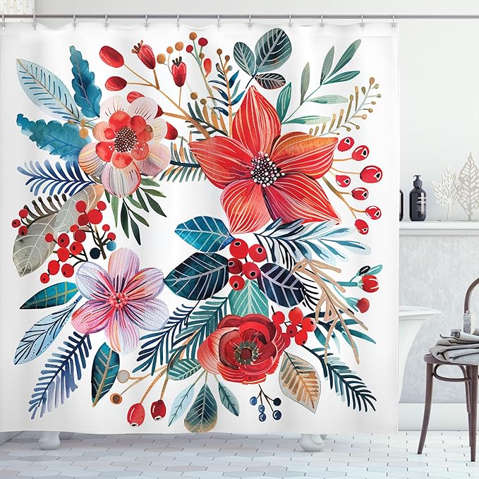 Ambesonne Christmas Shower Curtain, Vintage Xmas Wreth Ornate Arrange with Poinsettia Flowers and Berries, Cloth Fabric Bathroom Decor Set with Hooks, 69" W x 75" L, Dark Coral Petrol Blue