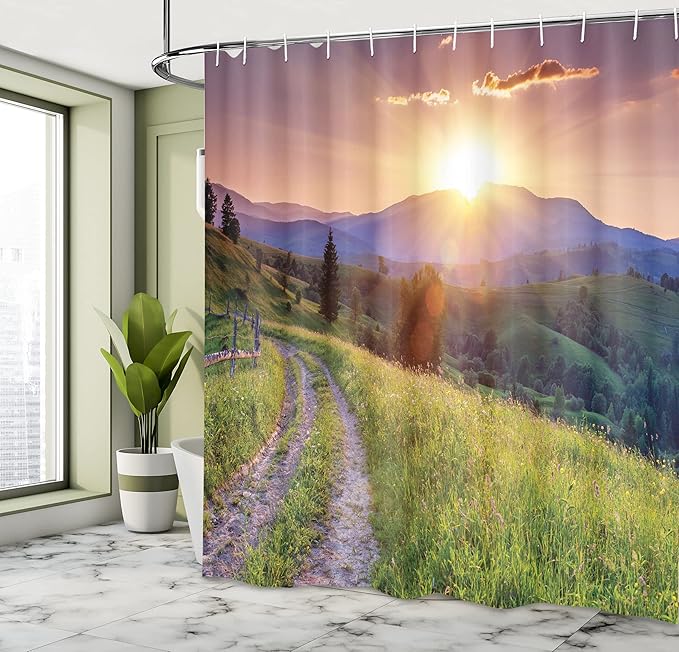 Ambesonne Landscape Shower Curtain, Sunset in The Mountain Landscape Rural Road Forest Countryside Wonderland Print, Cloth Fabric Bathroom Decor Set with Hooks, 69" W x 75" L, Purple Grey