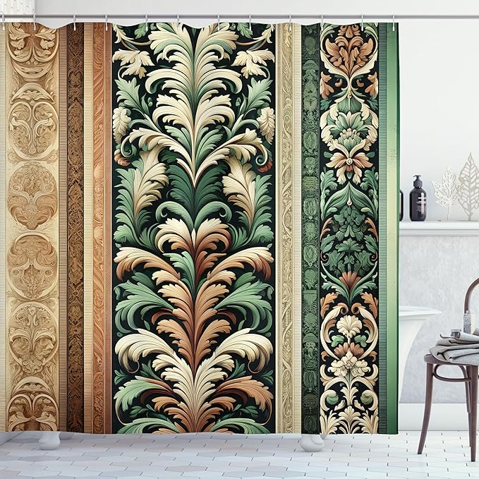 Ambesonne Green and Brown Shower Curtain, Jungle Damask Leafy Ornaments Ethnic Oriental Motifs Traditional Art, Cloth Fabric Bathroom Decor Set with Hooks, 69" W x 70" L, Emerald Caramel