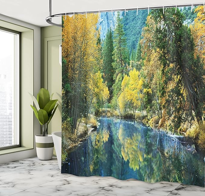 Ambesonne Nature Shower Curtain, Autumn Landscape Scenery Forest by River Seasonal Rural Countryside Picture, Cloth Fabric Bathroom Decor Set with Hooks, 69" W x 84" L, Green Blue Yellow