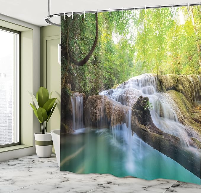 Ambesonne Waterfall Shower Curtain, Landscape with Flowing Water of Erawan Cascade in Rain Forest, Cloth Fabric Bathroom Decor Set with Hooks, 69" W x 75" L, Green Turquoise