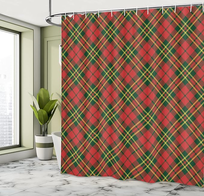 Ambesonne Checkered Shower Curtain, Irish Tartan Plaid Motifs in Christmas Colors Geometrical Stripes, Cloth Fabric Bathroom Decor Set with Hooks, 69" W x 84" L, Emerald Vermilion