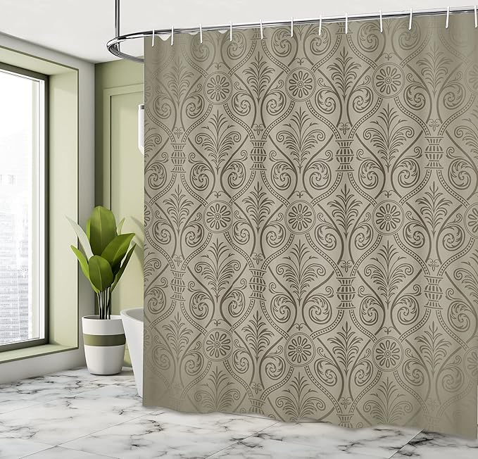 Ambesonne Damask Shower Curtain, Antique Baroque Pattern Mild Gothic Victorian Style Repeated Curly Motifs, Cloth Fabric Bathroom Decor Set with Hooks, 69" W x 70" L, Dusk Umber