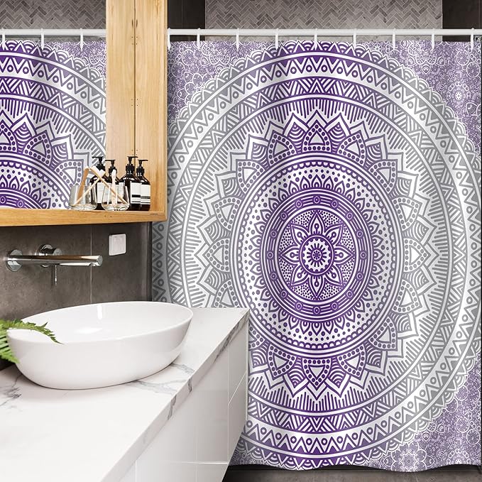 Ambesonne Grey and Purple Stall Shower Curtain, Eastern Traditional of Cosmos Pattern Boho Ombre Mandala Design Print, Fabric Bathroom Decor Set with Hooks, 54" W x 78" L, Purple White