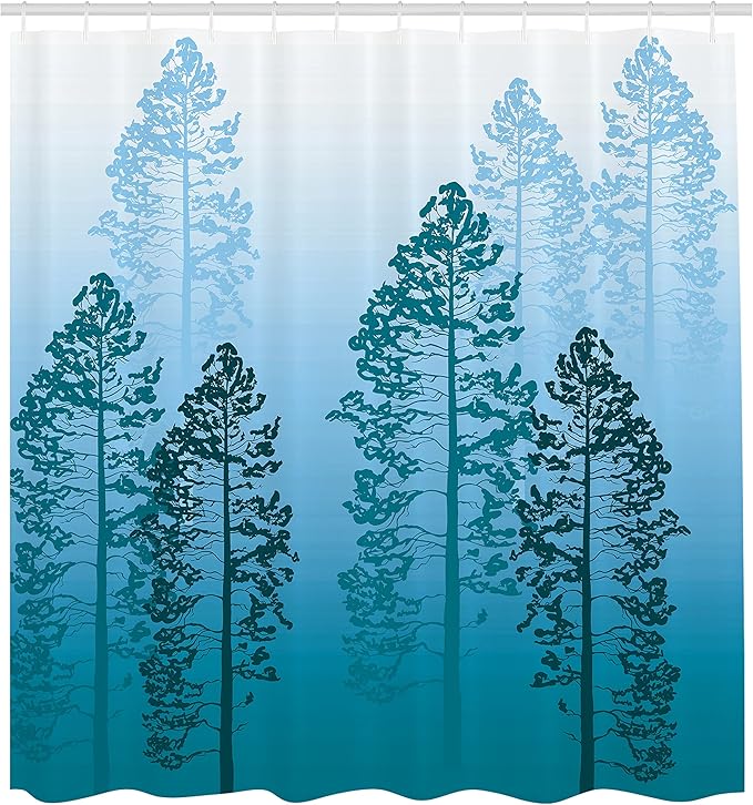 Ambesonne Country Shower Curtain, Pine Trees in The Forest on Foggy Seem Ombre Backdrop Wildlife Adventure Artwork, Cloth Fabric Bathroom Decor Set with Hooks, 69" W x 75" L, Azure Blue