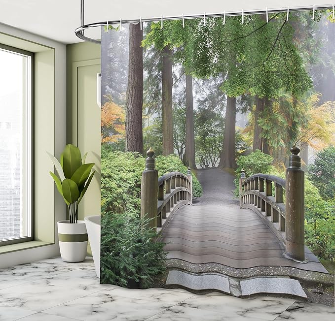 Ambesonne Japanese Shower Curtain, Foggy Morning Wooden Bridge at Japanese Garden with Trees in Autumn Image, Cloth Fabric Bathroom Decor Set with Hooks, 69" W x 70" L, Taupe Green