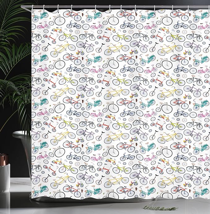 Ambesonne Bicycle Shower Curtain, Retro Style Colorful Bicycles of All Styles and for All Age Groups Training Wheels, Cloth Fabric Bathroom Decor Set with Hooks, 69" W x 70" L, Dark Blue Grey