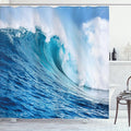 Ambesonne Ocean Shower Curtain, Large Powerful Pasific Sea Storm Huge Wave Crashes Hard Surfing Picture, Cloth Fabric Bathroom Decor Set with Hooks, 69" W x 75" L, Blue and White