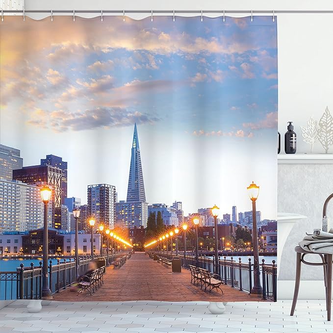 Ambesonne USA Shower Curtain, San Francisco Pier 7 Sunset in California USA Bridge Landmark Evening Picture Print, Cloth Fabric Bathroom Decor Set with Hooks, 69" W x 70" L, Blue Gray