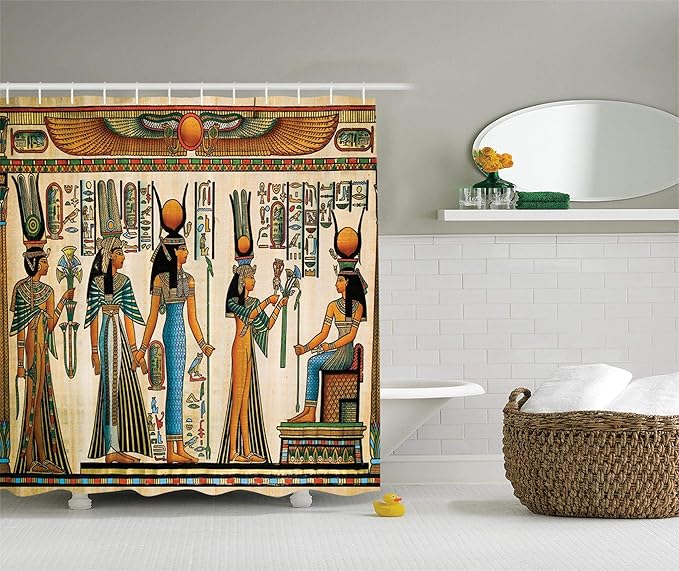 Ambesonne Egyptian Print Shower Curtain, Egyptian Papyrus Depicting Queen Nefertari Making an Offering to Isis Image, Cloth Fabric Bathroom Decor Set with Hooks, 69" W x 84" L, Teal Orange
