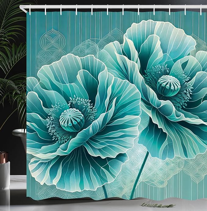 Ambesonne Turquoise Shower Curtain, Futurist Aquamarine Tone Poppy Flowers with Mandala Lines Details, Cloth Fabric Bathroom Decor Set with Hooks, 69" W x 75" L, Dark Seafoam Cadet Blue