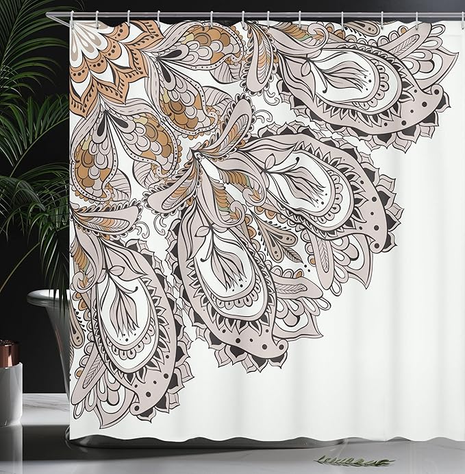 Ambesonne Mandala Shower Curtain, Edge of Mandala Pattern Detailed Paisley Mystic Traditional Design, Cloth Fabric Bathroom Decor Set with Hooks, 69" W x 70" L, Almond Ecru