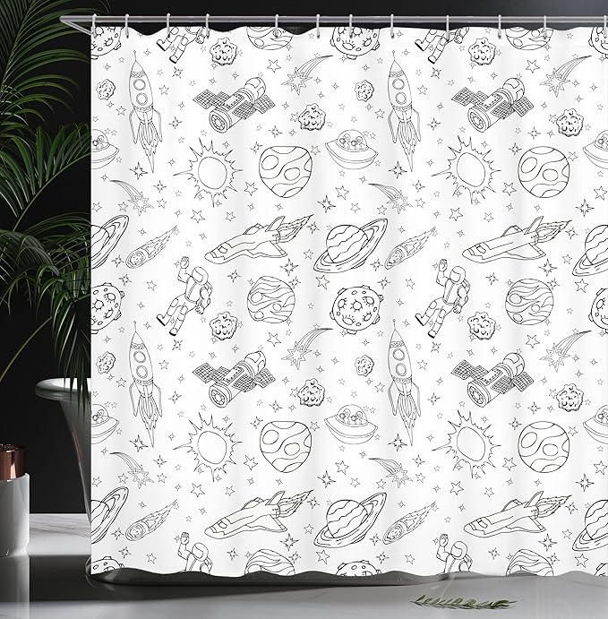 Ambesonne Cartoon Shower Curtain, Doodle Solar System Astronauts Space Crafts Shooting Stars Science Fiction Theme, Cloth Fabric Bathroom Decor Set with Hooks, 69" W x 70" L, White Ink
