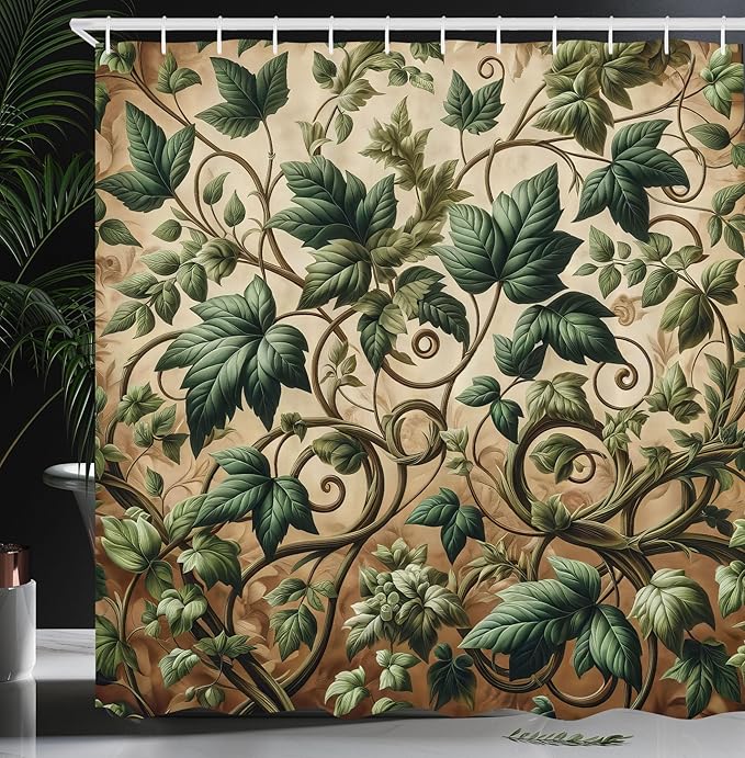 Ambesonne Leaf Print Shower Curtain, Swirling Branches Ivy Ornament with Leaves in Medieval Influences, Cloth Fabric Bathroom Decor Set with Hooks, 69" W x 70" L, Pale Brown Hunter Green