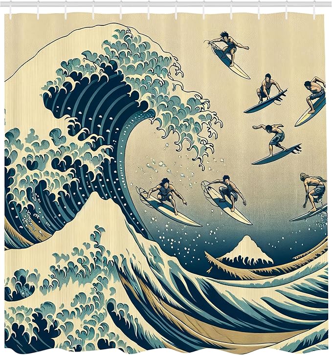 Ambesonne Ukiyo-e Wave Shower Curtain, Classic Japanese Ocean Painting with Flying Surfers Asian Folk, Cloth Fabric Bathroom Decor Set with Hooks, 69" W x 84" L, Navy Blue Ivory Seafoam