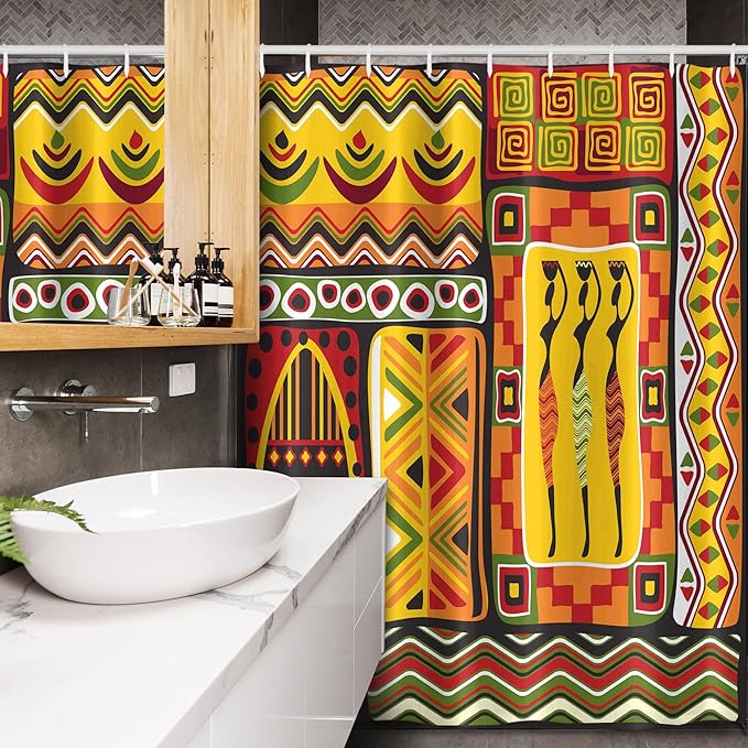 Ambesonne African Stall Shower Curtain, Elements Historical Original Striped and Rectangle Shapes Design, Fabric Bathroom Decor Set with Hooks, 54" W x 78" L, Scarlet Yellow
