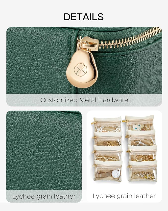 VLANDO Jewelry Travel Case,Travel Jewelry Organizer with Clear Velvet Jewelry Bags 8Pcs Zipper Pouch for Women Girl Gift-Green