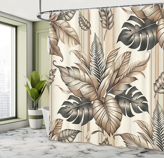 Ambesonne Tan Shower Curtain, Tender Exotic Leaves Huddle with Modern Boho Stripes Nostalgia Earthy Tones, Cloth Fabric Bathroom Decor Set with Hooks, 69" W x 70" L, Dark Slate Blue Cocoa