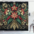 Ambesonne Christmas Shower Curtain, Black Xmas with Victorian Leaves and Flowery Huddle Snowflake Details, Cloth Fabric Bathroom Decor Set with Hooks, 69" W x 75" L, Dark Pink Green Khaki