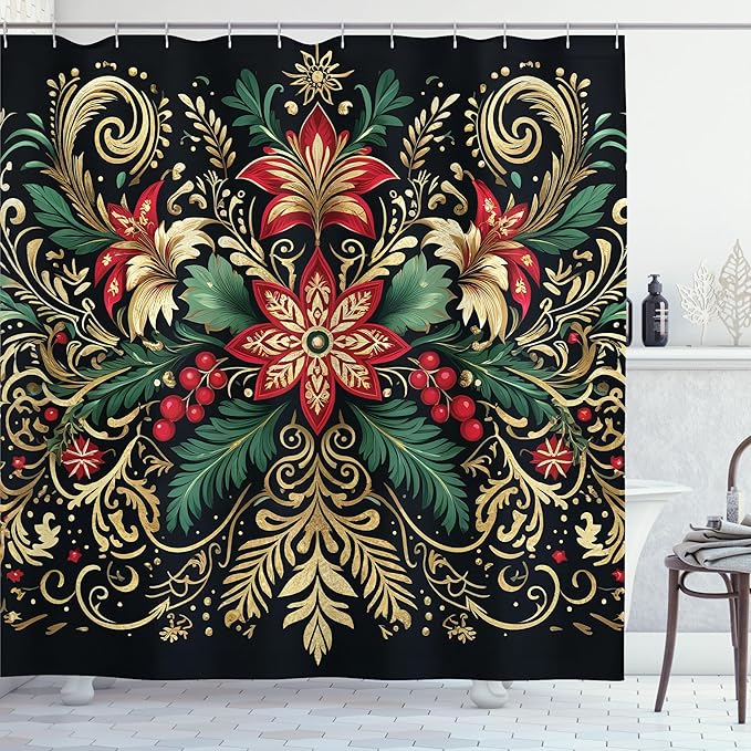 Ambesonne Christmas Shower Curtain, Black Xmas with Victorian Leaves and Flowery Huddle Snowflake Details, Cloth Fabric Bathroom Decor Set with Hooks, 69" W x 84" L, Dark Pink Green Khaki