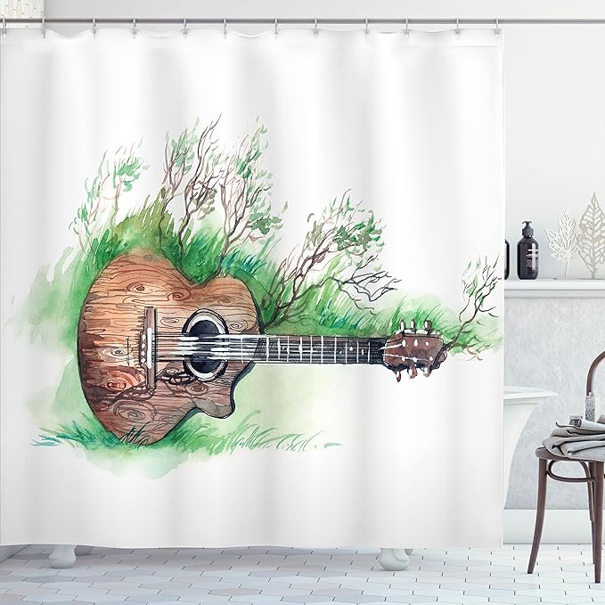 Ambesonne Music Shower Curtain, Wooden Guitar Branches Classical Flourishing Meadow Summertime Lawn Landscape, Cloth Fabric Bathroom Decor Set with Hooks, 69" W x 84" L, White Brown