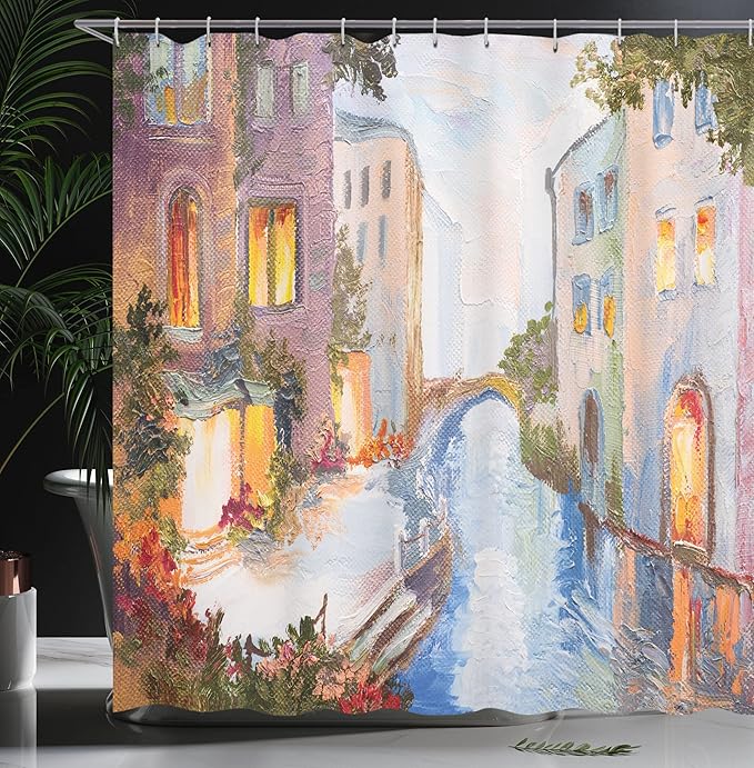 Ambesonne Venice Shower Curtain, Historical City Vintage Houses Water Canal Venice Italy Oil Painting, Cloth Fabric Bathroom Decor Set with Hooks, 69" W x 84" L, Orange Ivory