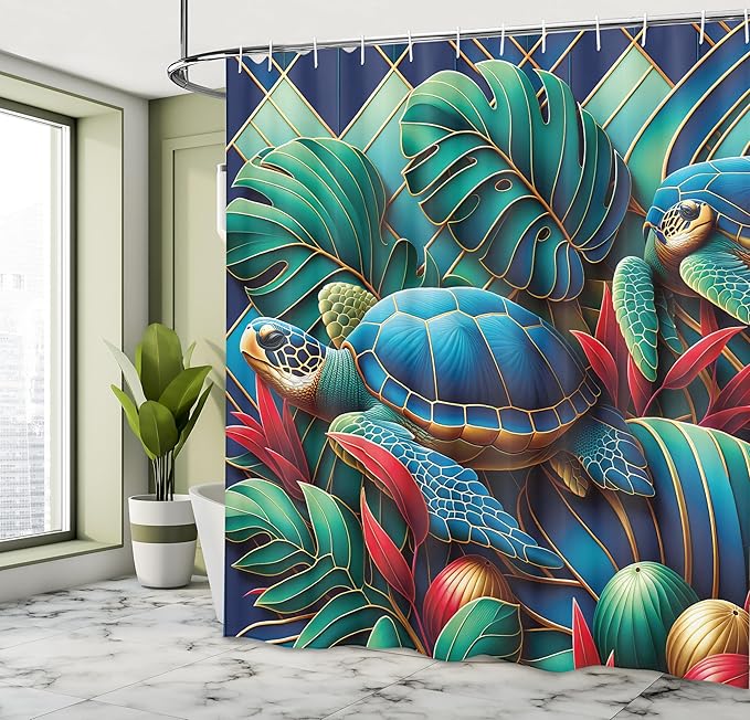 Ambesonne Turtle Shower Curtain, Colorful Exotic Deep Sea Animals and Monstera Leaves Mosaic Style Print, Cloth Fabric Bathroom Decor Set with Hooks, 69" W x 75" L, Teal Vermilion and Blue