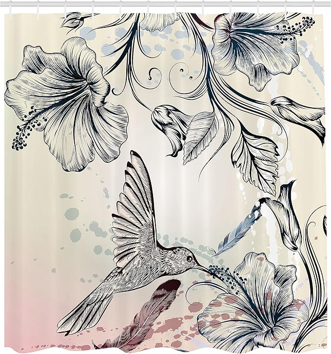 Ambesonne Hummingbird Shower Curtain, Floral Art in Vintage Style Bird Hibiscus Flowers and Feathers, Cloth Fabric Bathroom Decor Set with Hooks, 69" W x 70" L, Teal Brown