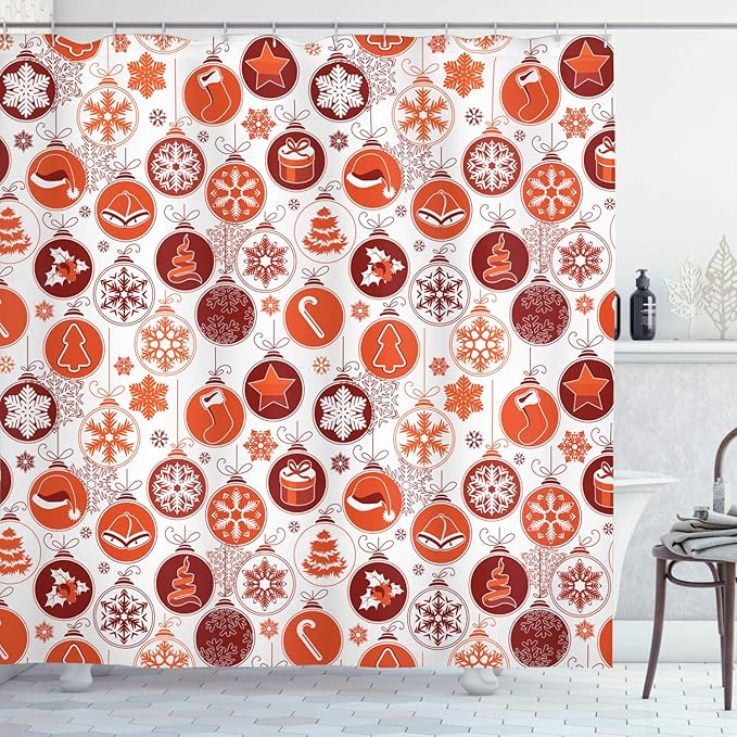 Ambesonne Christmas Shower Curtain, Classical Themed Old Fashioned Celebration Carols Winter Design Patterns, Cloth Fabric Bathroom Decor Set with Hooks, 69" W x 70" L, White Vermilion