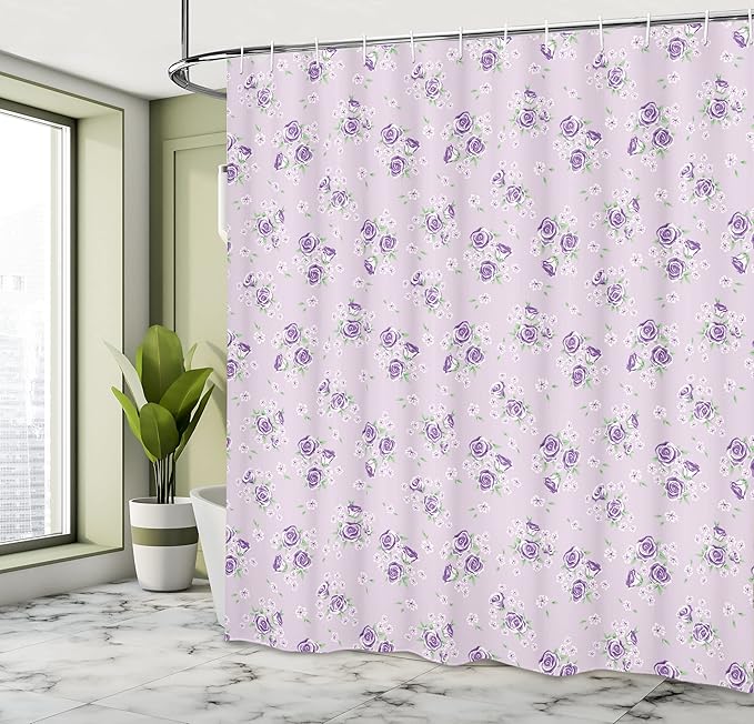 Ambesonne Vintage Shower Curtain, Romantic Shabby Form Style Inspired Flowers with Little Roses Lilacs Artwork, Cloth Fabric Bathroom Decor Set with Hooks, 69" W x 70" L, Purple Grey
