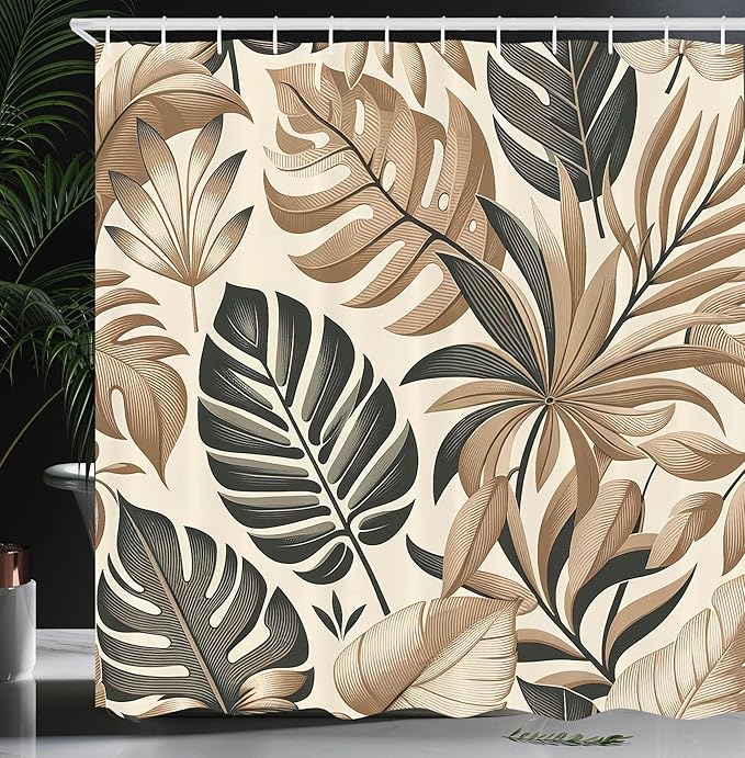 Ambesonne Tan Shower Curtain, Nostalgic Earthy Colors Boho Exotics Concept Monstera Leaves Urban Jungle, Cloth Fabric Bathroom Decor Set with Hooks, 69" W x 70" L, Dark Sea Green Eggshell