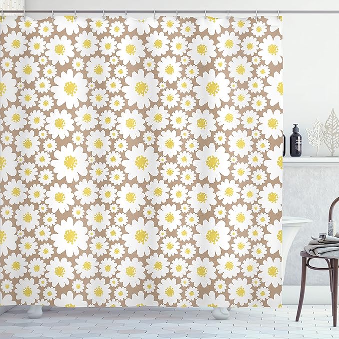 Ambesonne Floral Shower Curtain, Pastel Cartoon Like Flowers Daisies Spring Time Season Artwork Print, Cloth Fabric Bathroom Decor Set with Hooks, 69" W x 70" L, Warm Taupe