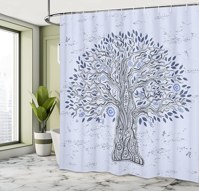 Ambesonne Tree of Life Shower Curtain, Doodle Tree Illustration Oriental Harmonious Design Mother Nature, Cloth Fabric Bathroom Decor Set with Hooks, 69" W x 70" L, Blue