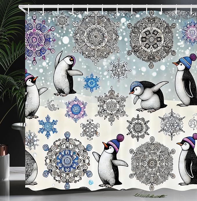 Ambesonne Christmas Shower Curtain, Dancing Penguins and Falling Snowflakes Sketch with Oriental Winter Design, Cloth Fabric Bathroom Decor Set with Hooks, 69" W x 75" L, Ivory Violet Blue