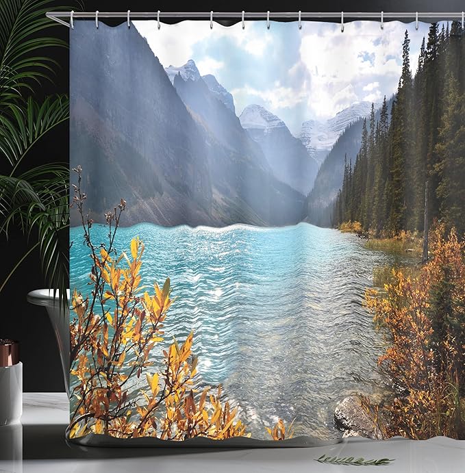 Ambesonne Landscape Shower Curtain, Lake Louise Banff National Park Canada Mountains Autumn Plants, Cloth Fabric Bathroom Decor Set with Hooks, 69" W x 70" L, Earth Yellow Pale Blue