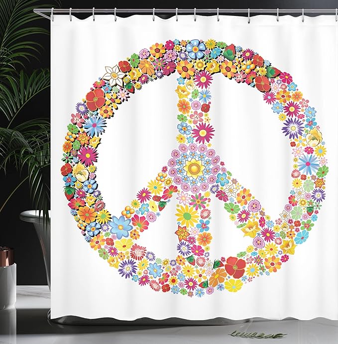 Ambesonne Groovy Shower Curtain, Floral Peace Sign Summer Spring Blooms Love Happiness Themed Illustration Print, Cloth Fabric Bathroom Decor Set with Hooks, 69" W x 84" L, White