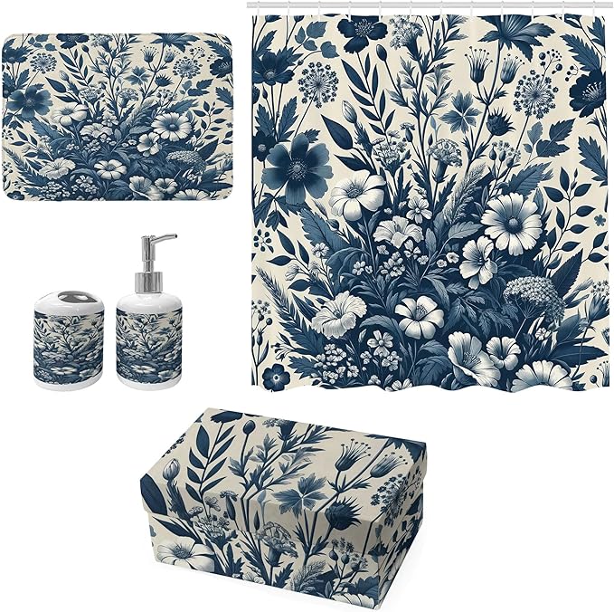 Ambesonne Navy Blue Bathroom Decor Set 4 Pcs Including Shower Curtain with Hooks Bath Mat Soap Dispenser Toothbrush Holder in Box Essentials & Accessories, Boho Daisy Art, Dark Slate Blue Coconut