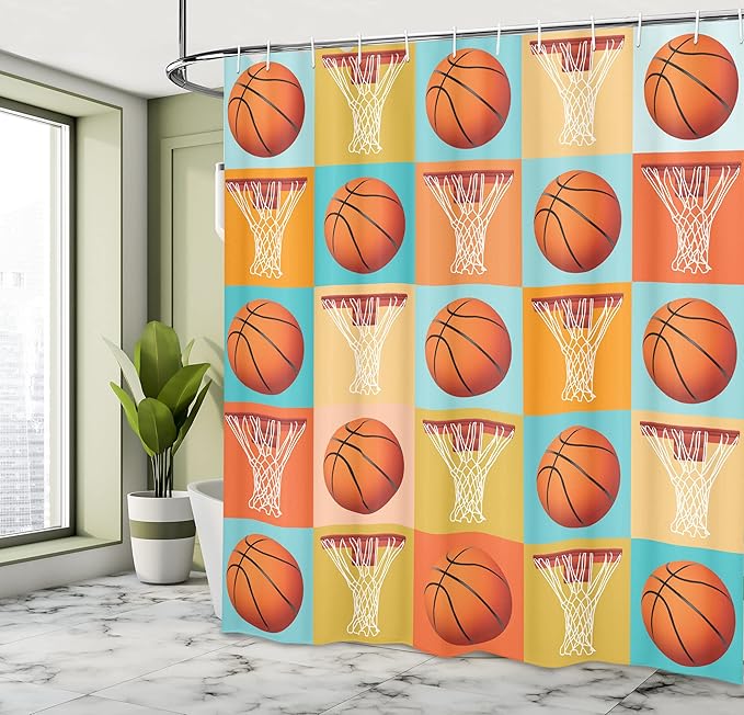 Ambesonne Sports Shower Curtain, Basketball Pattern Equipment NBA Theme Abstract Checked Illustration, Cloth Fabric Bathroom Decor Set with Hooks, 69" W x 70" L, Pale Blue Orange Red